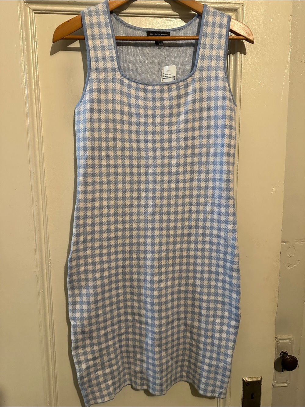 NWT Saks Fifth Avenue Light Blue and White Gingham Knit Tank Dress. Size S.